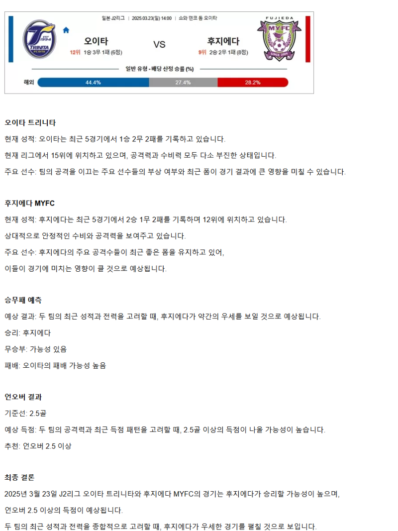 2025년3월23일 오이타 후지에다 해외축구 분석 및 중계 올스티비