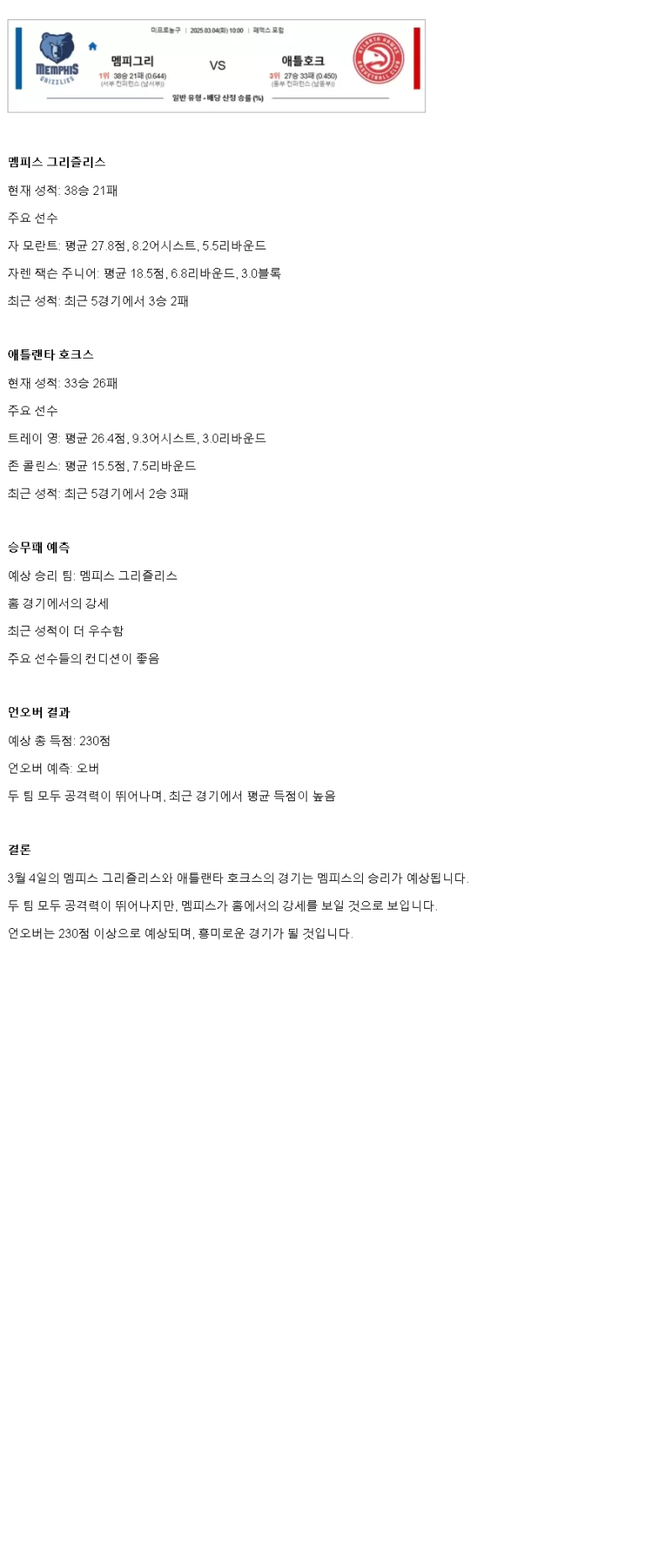 2025년3월4일 멤피스 그리즐리스 애틀랜타 호크스 NBA 중계 및 분석 올스티비