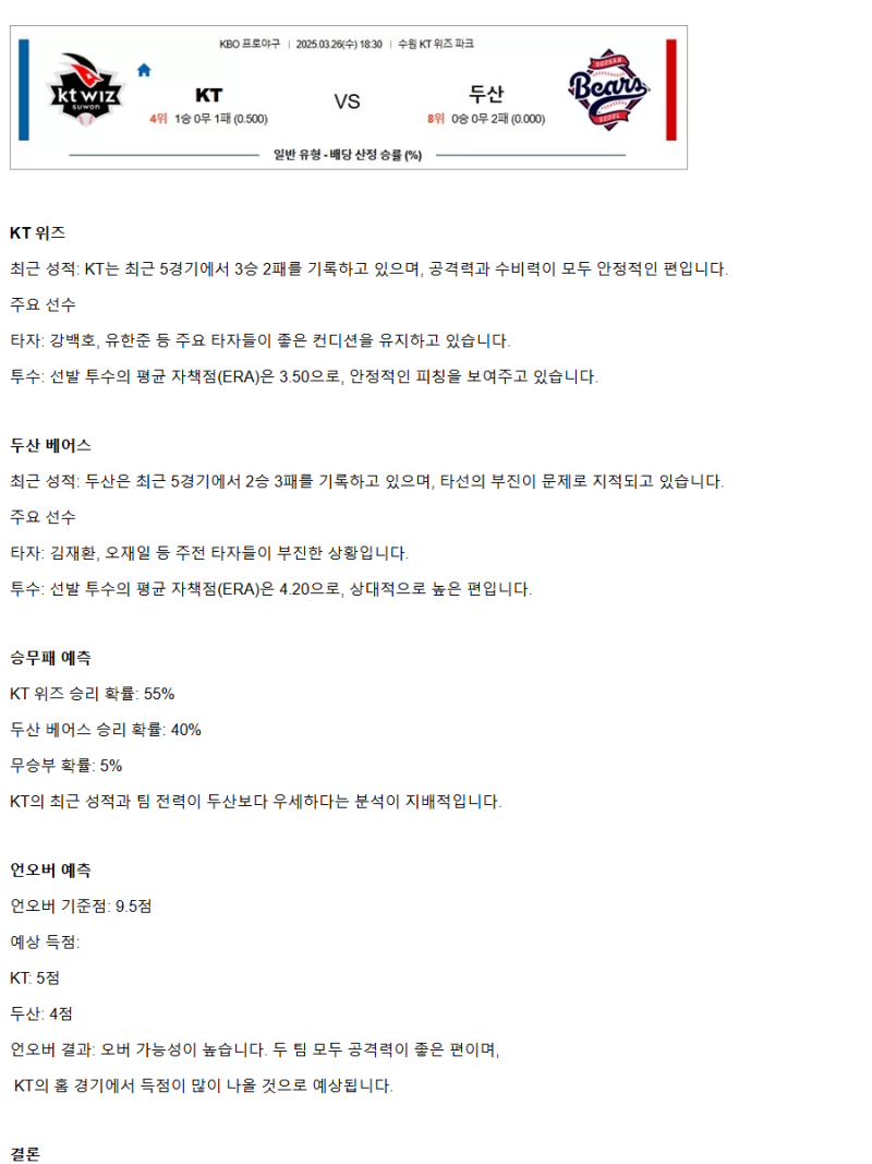 2025년 03월 26일 두산 베어스 kt wiz KBO 중계 및 분석 올스티비