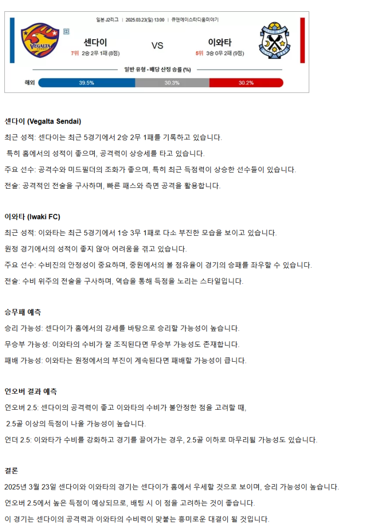 2025년3월23일 베갈타 센다이 주빌로 이와타 해외스포츠 분석 및 중계 올스티비