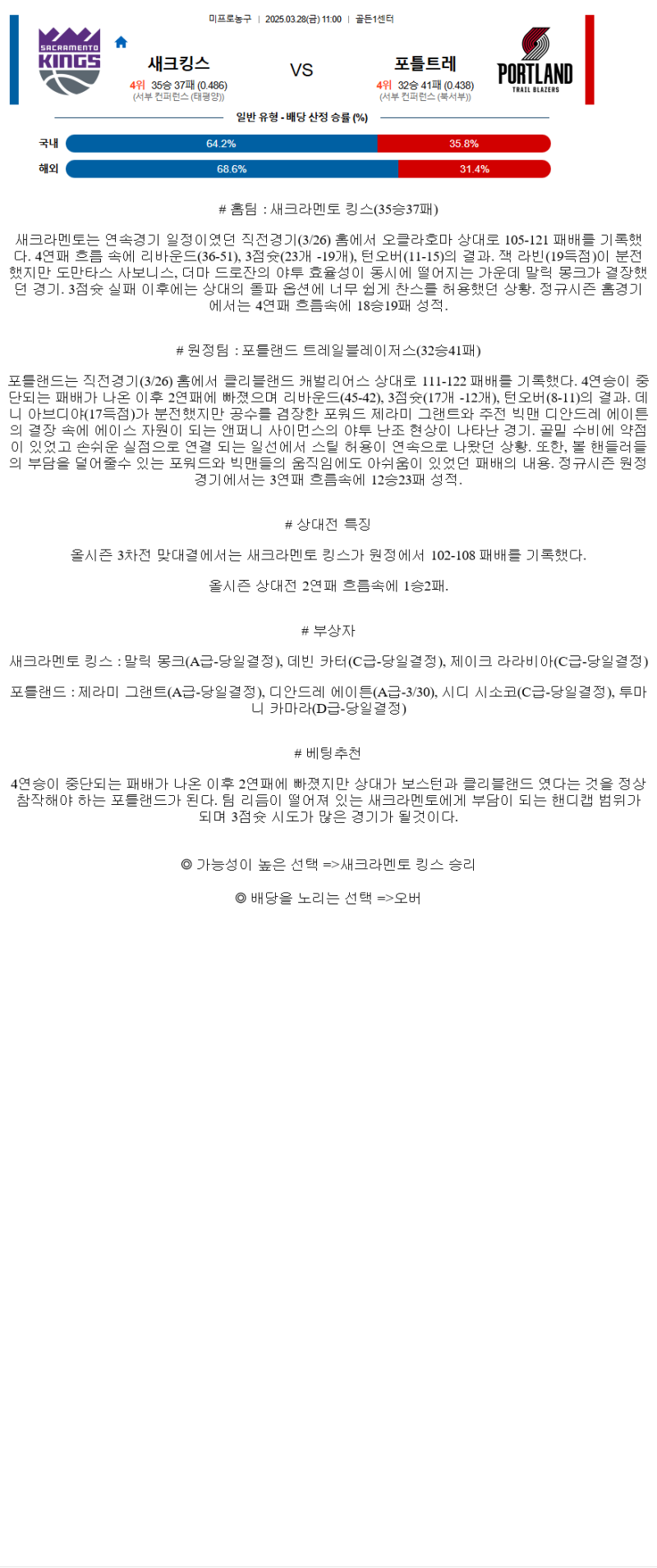 2025년 03월 28일 새크라멘토 포틀랜드 해외농구 분석 및 중계 올스티비