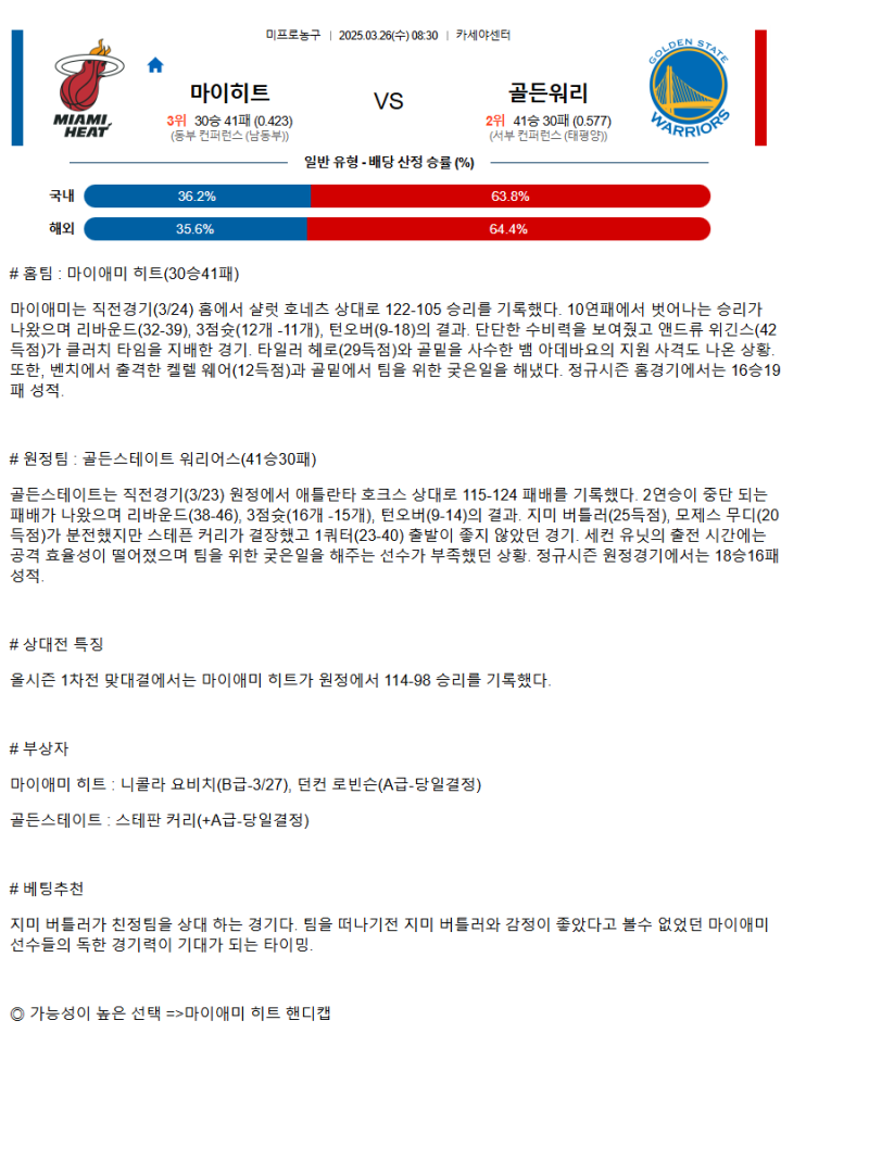 2025년3월26일 마이애미 히트 골든스테이트 워리어스 NBA 분석 및 중계 올스티비