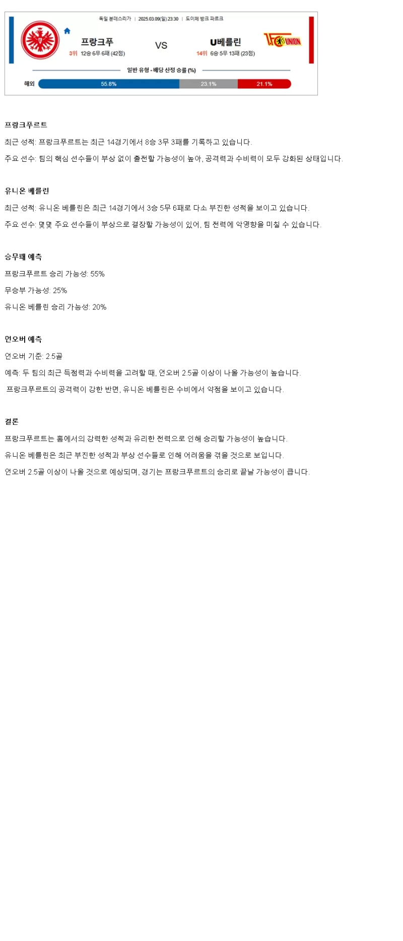 2025년 03월 09일 프랑크푸르트 우니온 베를린 스포츠 중계 및 분석 올스티비