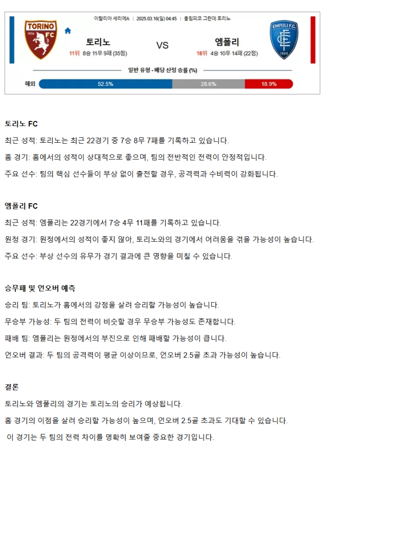 2025년 03월 16일 토리노 엠폴리 해외축구 분석 및 중계 올스티비