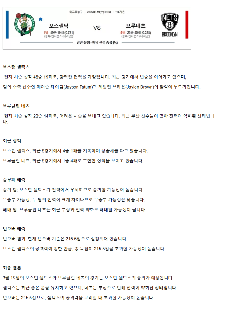 2025년3월19일 보스턴 셀틱스 브루클린 네츠 NBA 중계 및 분석 올스티비