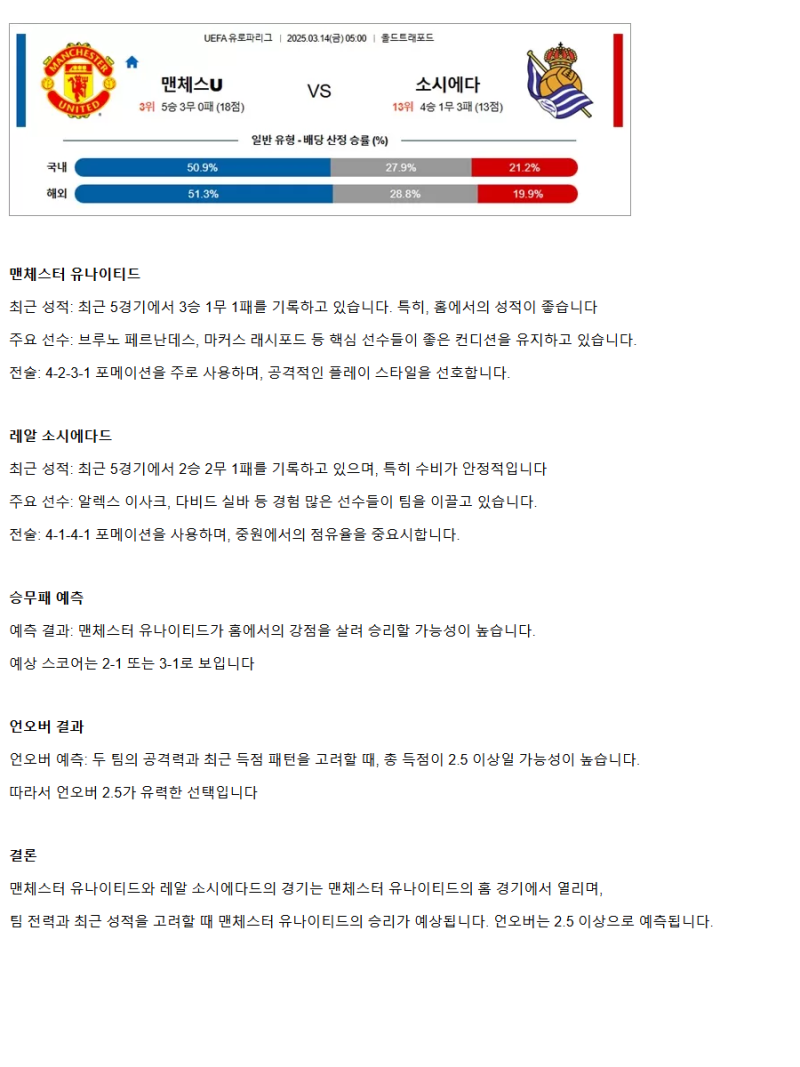 2025년 03월 13일 맨유 소시에다드 스포츠 분석 및 중계 올스티비