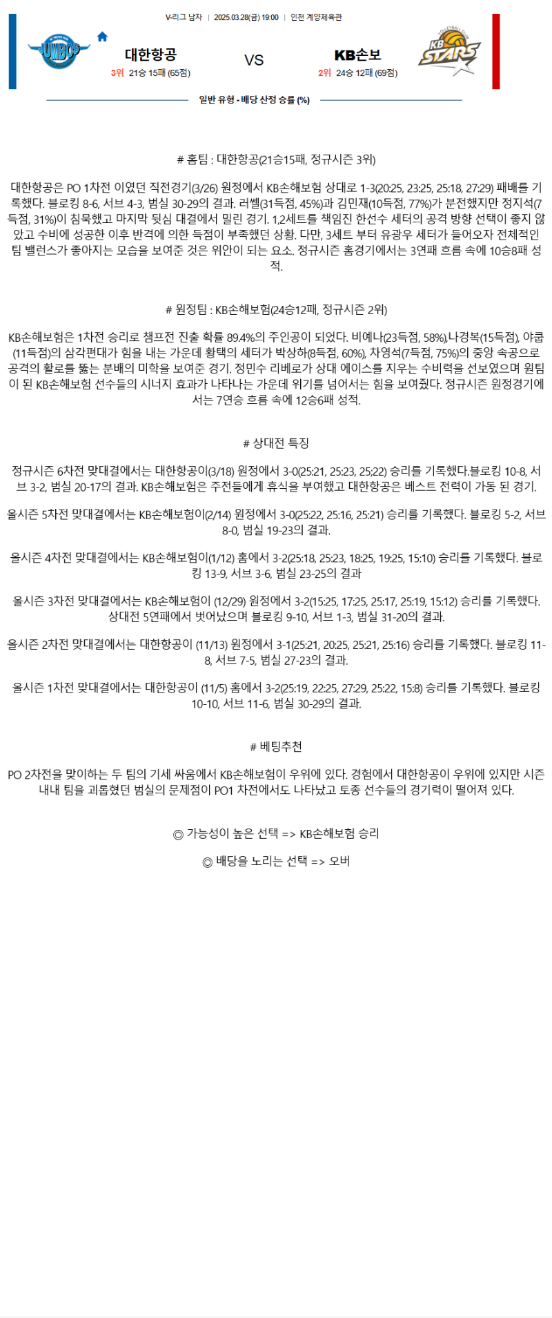 2025년 03월 28일 대한항공 KB손해보험 배구 중계 및 분석 올스티비