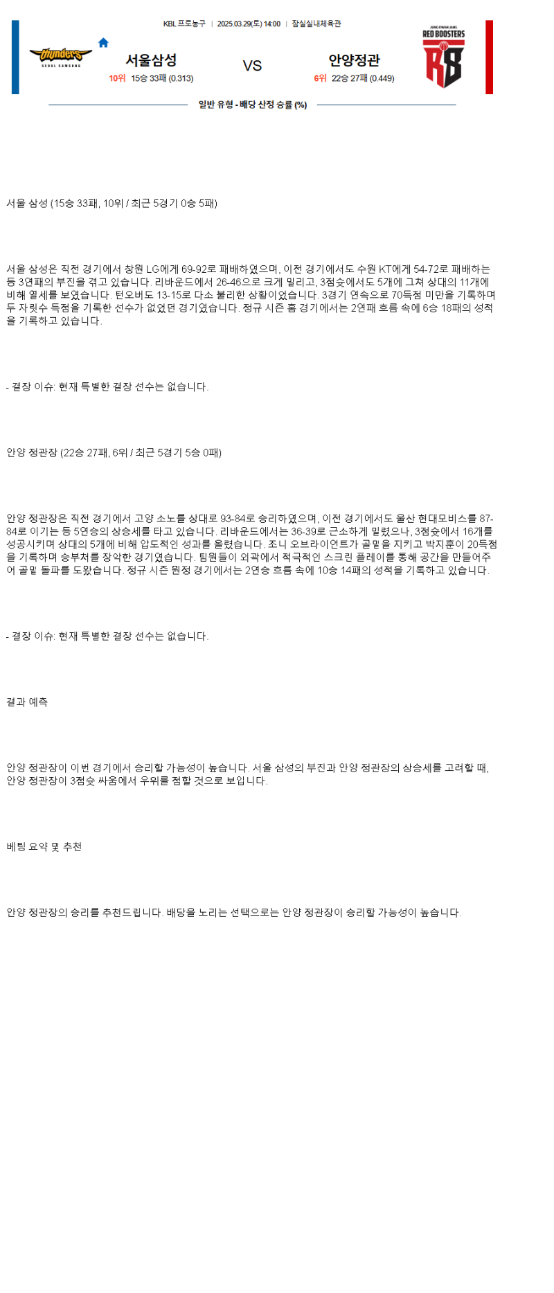 2025년 03월 29일 서울 삼성 안양 정관장 KBL 올스티비