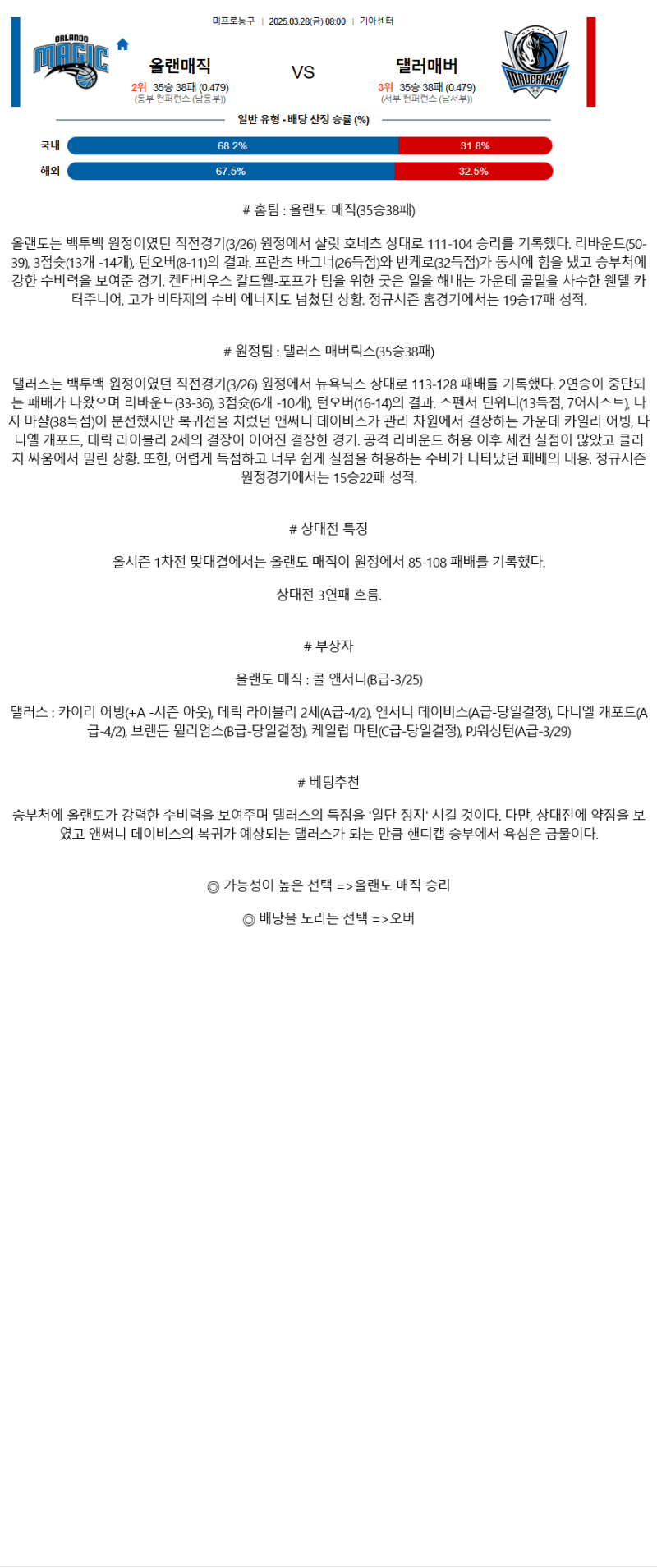 2025년 03월 28일 올랜도 댈러스 NBA 중계 및 분석 올스티비