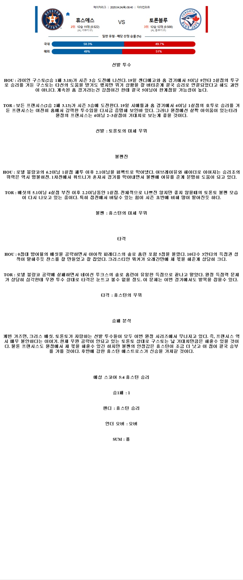 2025년 04월 24일 휴스턴 토론토 MLB 분석 및 중계 올스티비