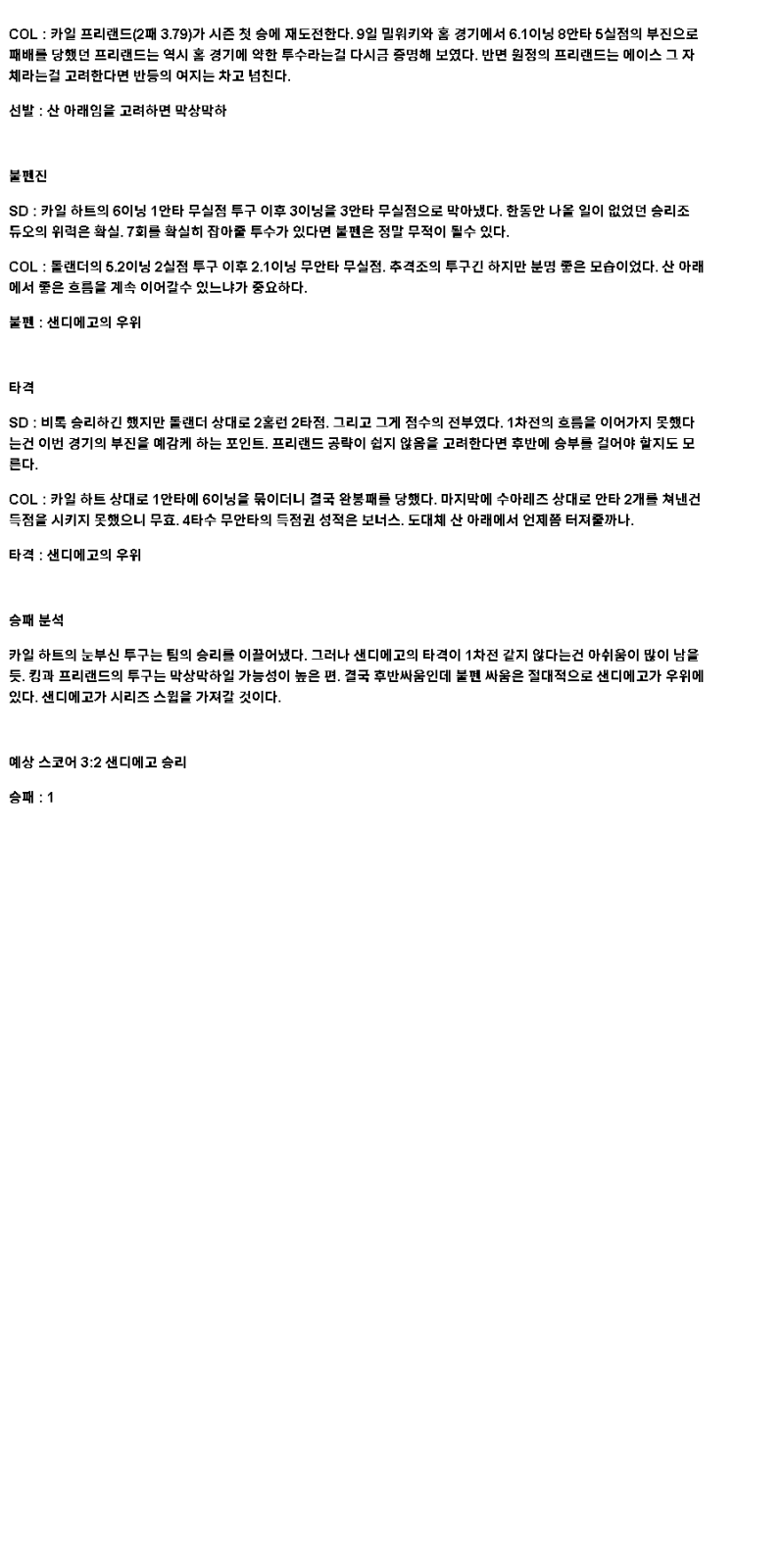 2025년 04월 14일 샌디에이고 콜로라도 해외야구 중계 및 분석 올스티비