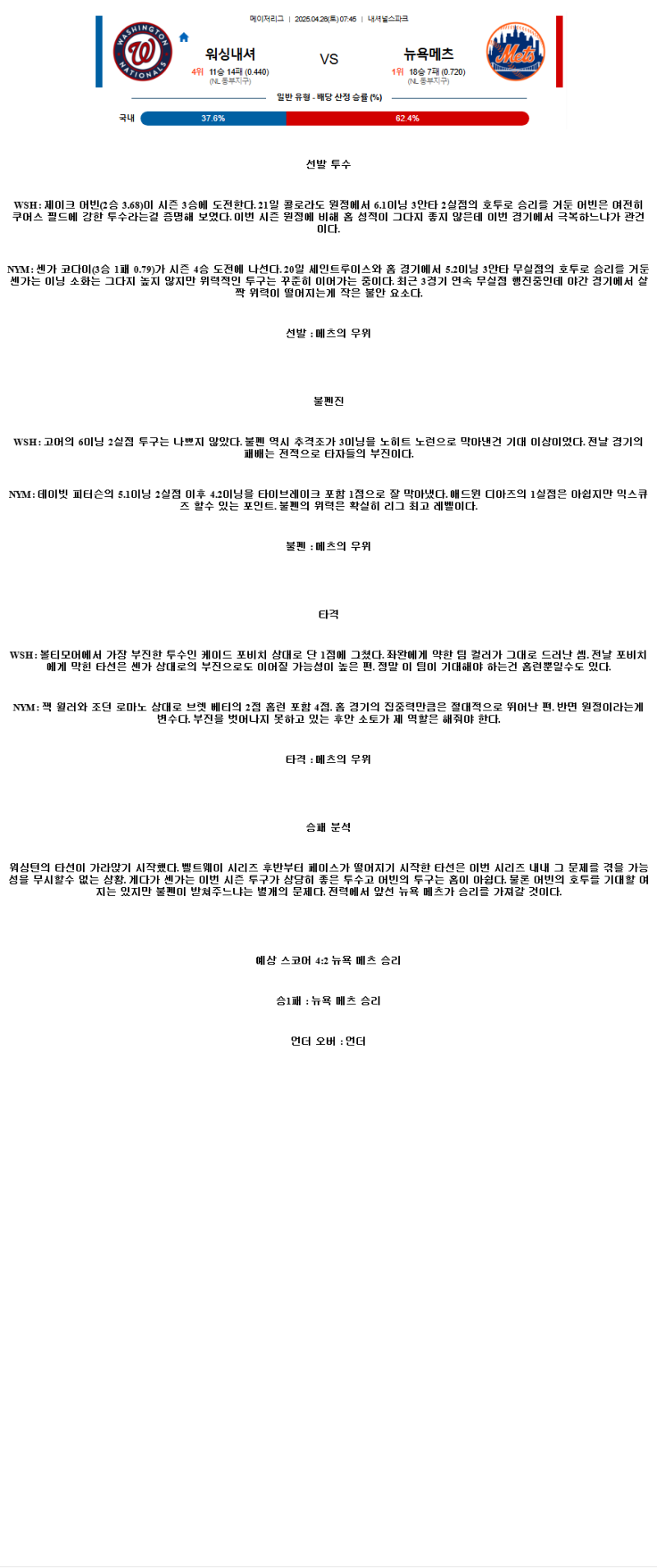 2025년 04월 26일 워싱턴 뉴욕메츠 해외야구 중계 및 분석 올스티비