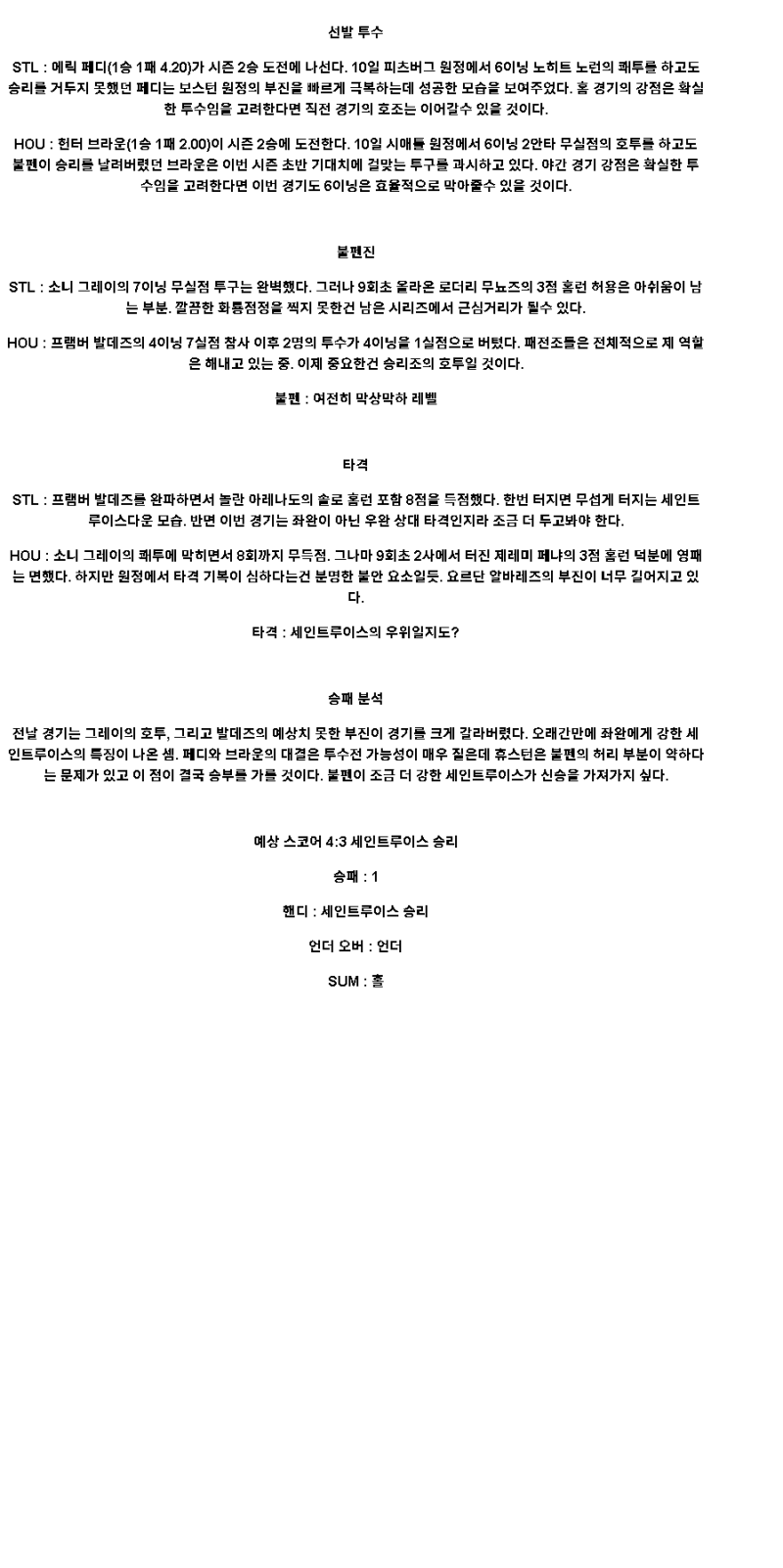 2025년 04월 16일 세인트루이스 휴스턴 해외야구 중계 및 분석 올스티비