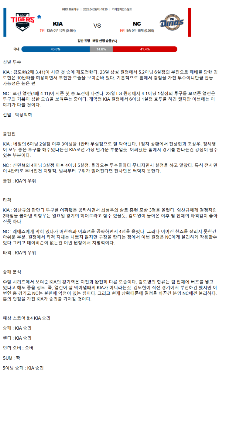 2025년 04월 29일 KIA NC 한국야구 중계 및 분석 올스티비
