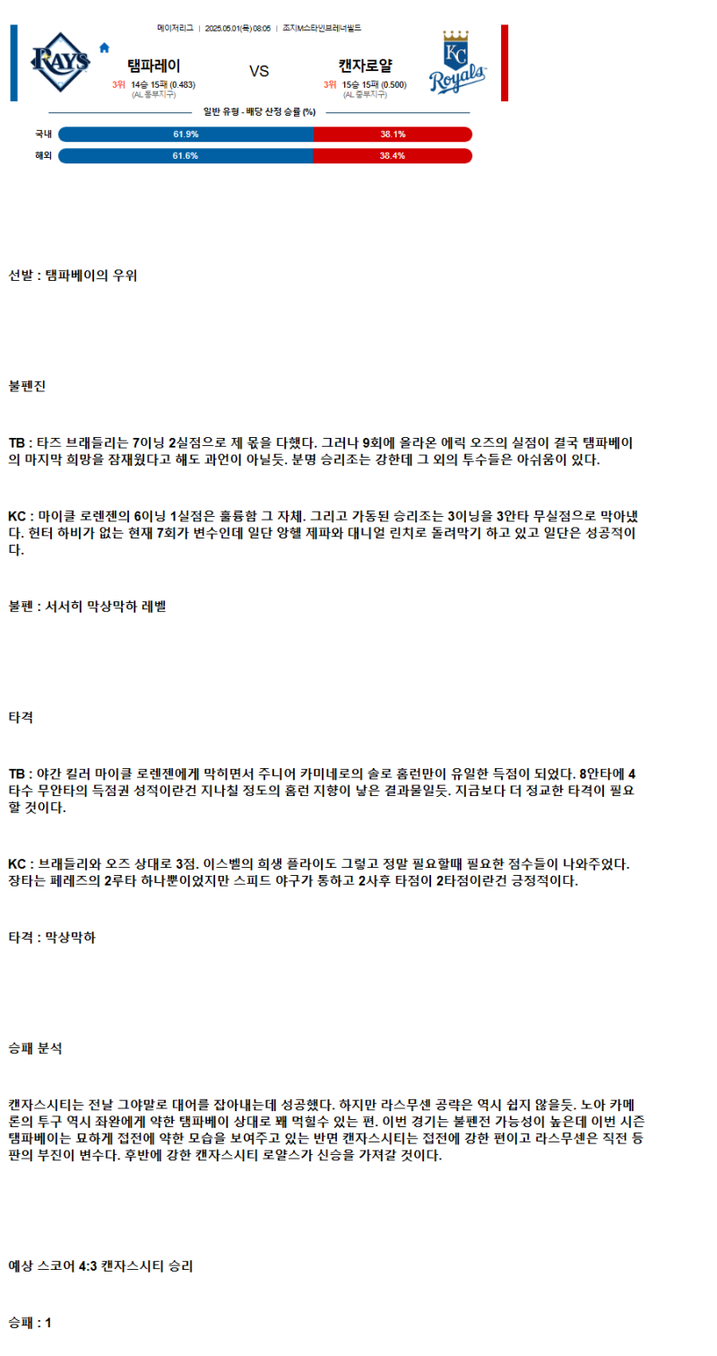 2025년 05월 01일 탬파베이 캔자스시티 MLB 중계 및 분석 올스티비