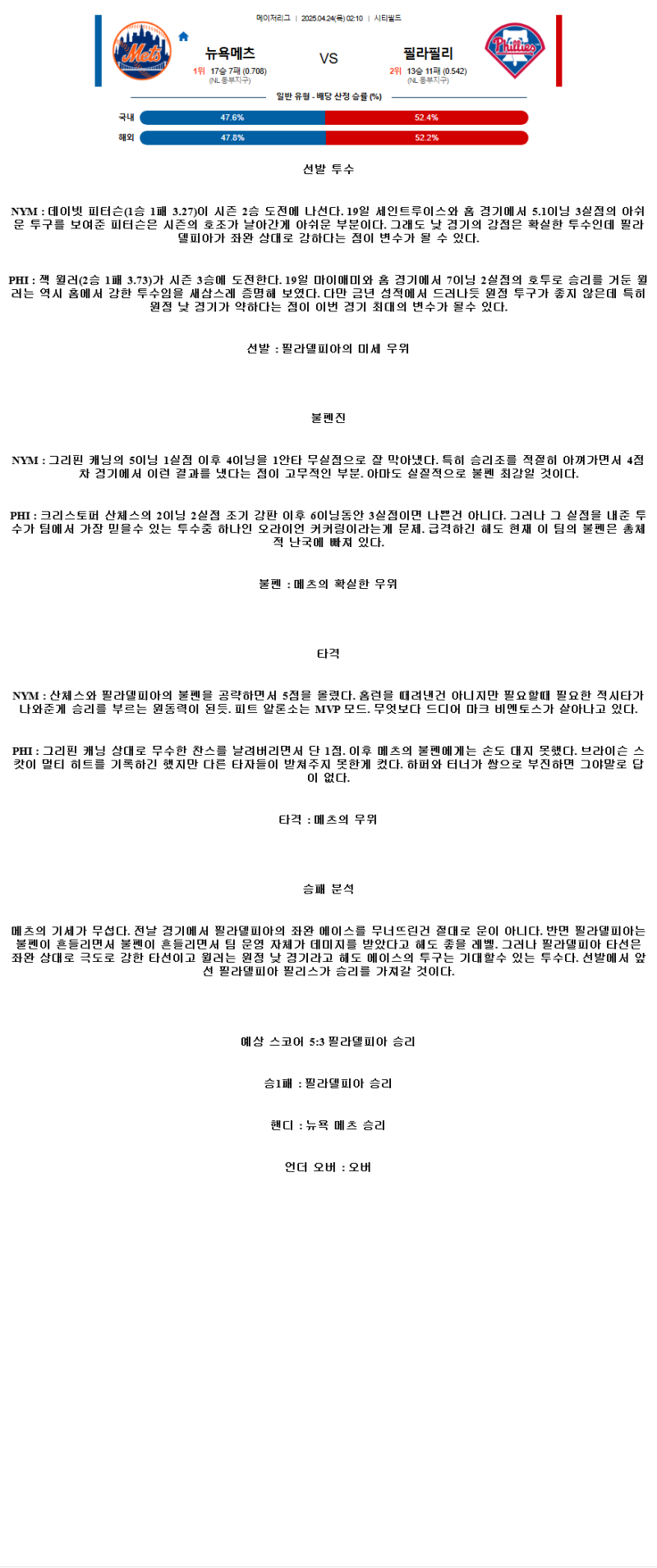 2025년 04월 24일 뉴욕메츠 필라델피아 MLB 분석 및 중계 올스티비