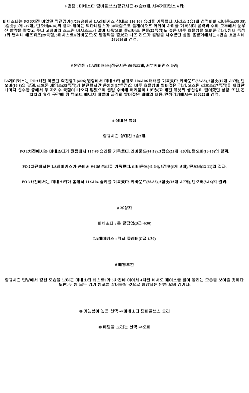 2025년 04월 28일 미네소타 LA레이커스 NBA 분석 및 중계 올스티비