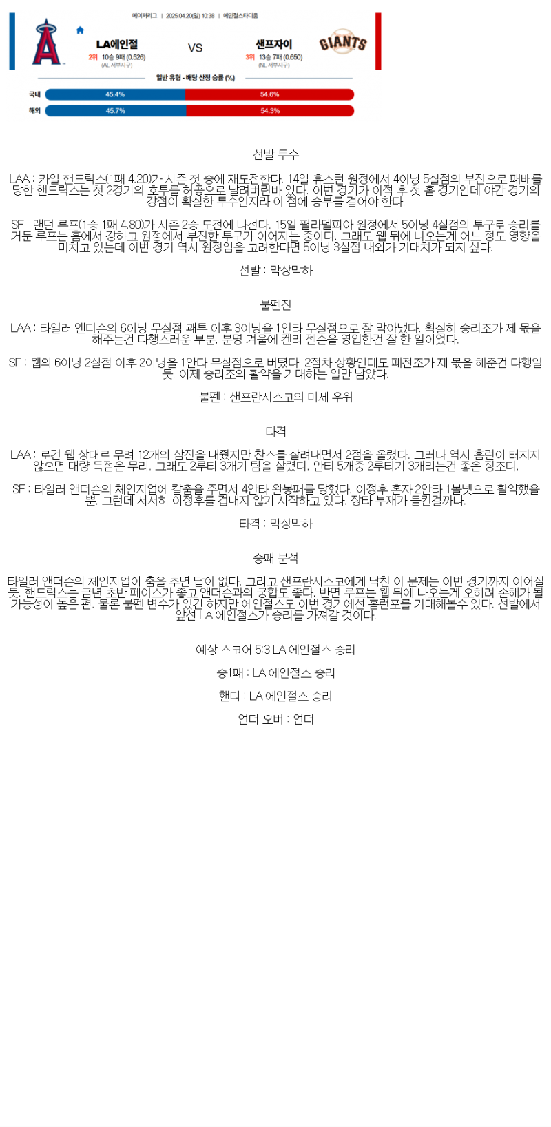 2025년 04월 20일 LA에인절스 샌프란시스코 MLB 분석 및 중계 올스티비