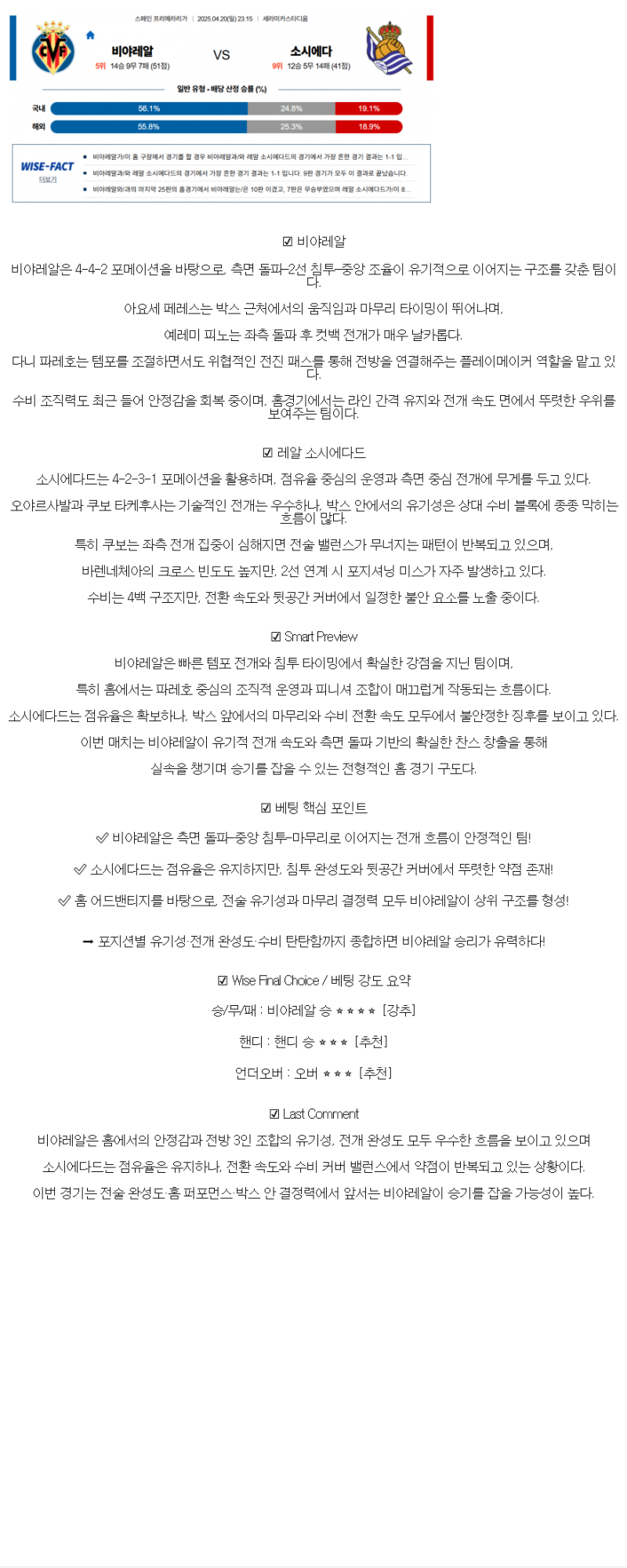 2025년 04월 20일 비야레알 소시에다드 해외축구 중계 및 분석 올스티비