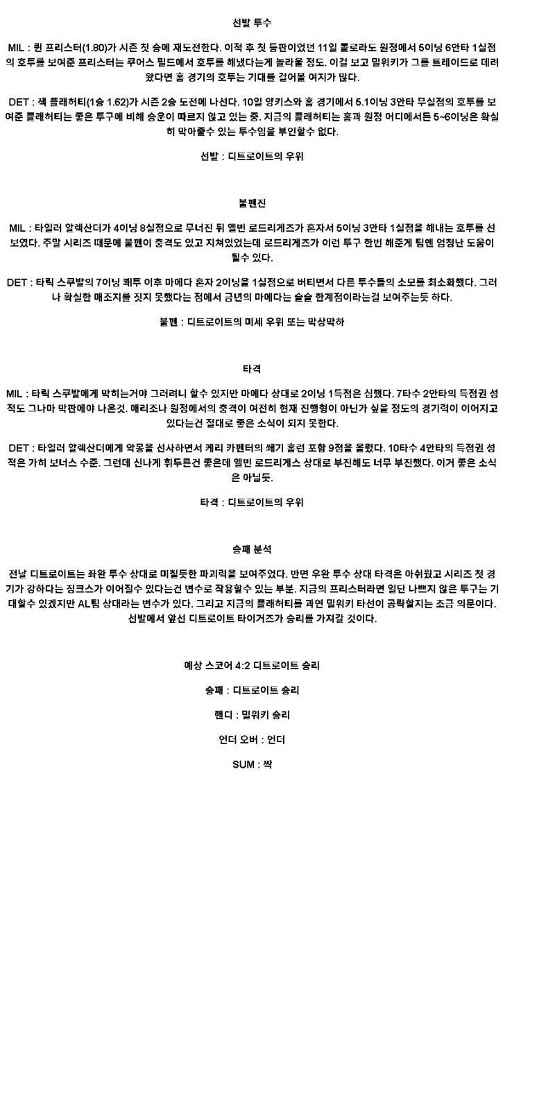 2025년 04월 16일 밀워키 디트로이트 MLB 중계 및 분석 올스티비