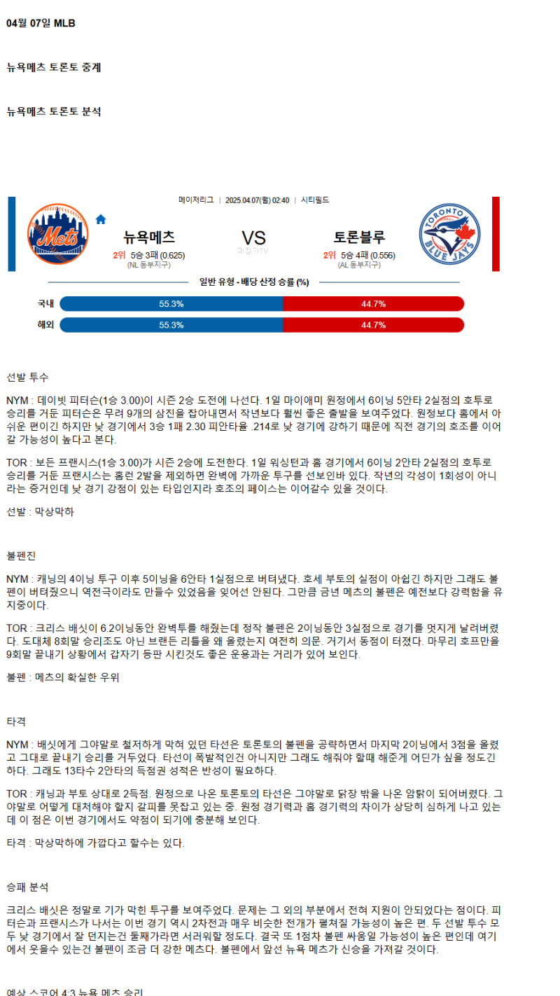 2025년 04월 07일 뉴욕메츠 토론토 MLB 분석 및 중계 올스티비
