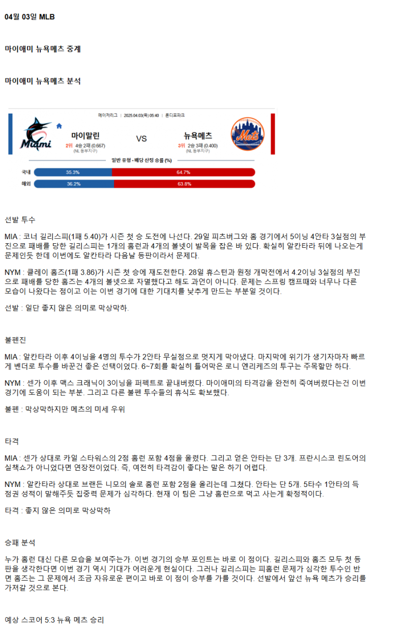2025년 04월 03일 마이애미 뉴욕메츠 미국야구 중계 및 분석 올스티비