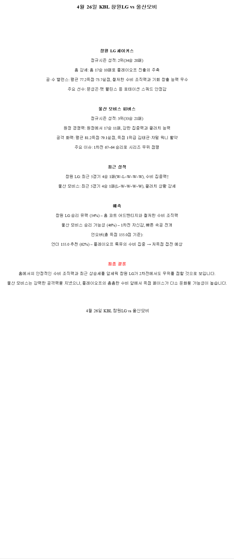 2025년 04월 26일 창원 LG 울산 현대모비스 KBL 올스티비