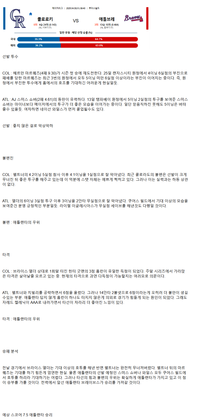 2025년 04월 30일 콜로라도 애틀랜타 MLB 분석 및 중계 올스티비