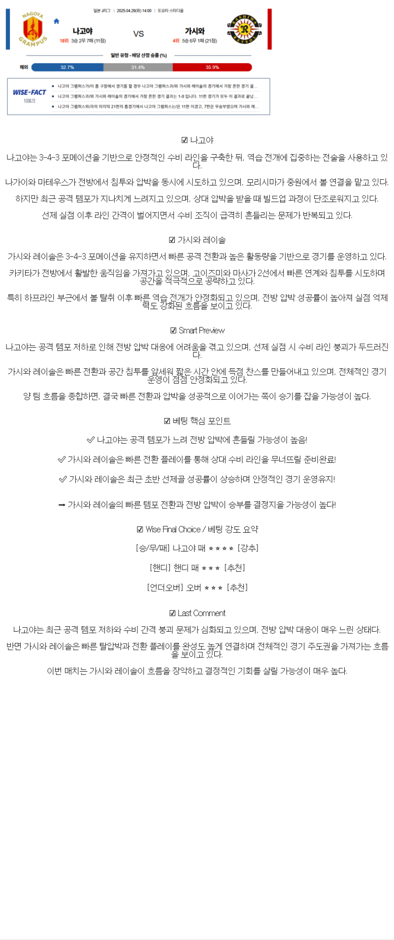 2025년 04월 29일 나고야 가시와 레이솔 해외축구 중계 및 분석 올스티비