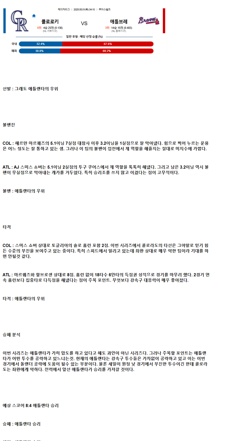 2025년 05월 01일 콜로라도 애틀랜타 해외야구 분석 및 중계 올스티비