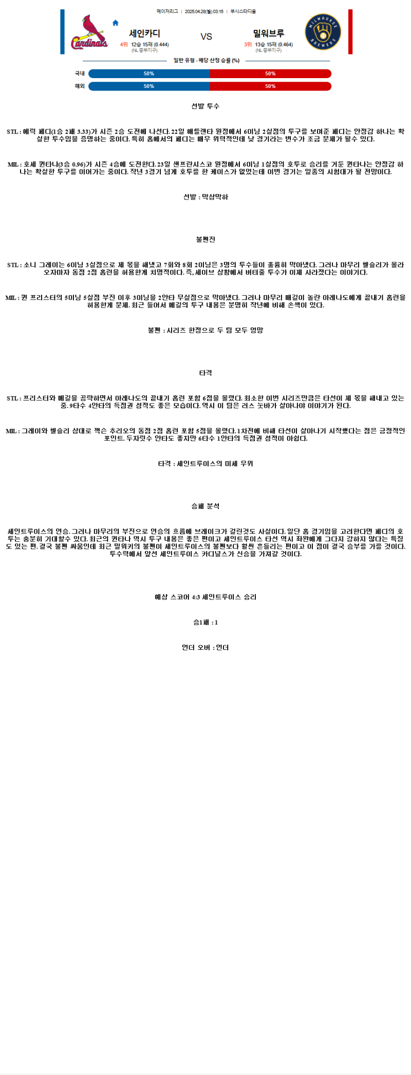 2025년 04월 28일 세인트루이스 밀워키 미국야구 중계 및 분석 올스티비