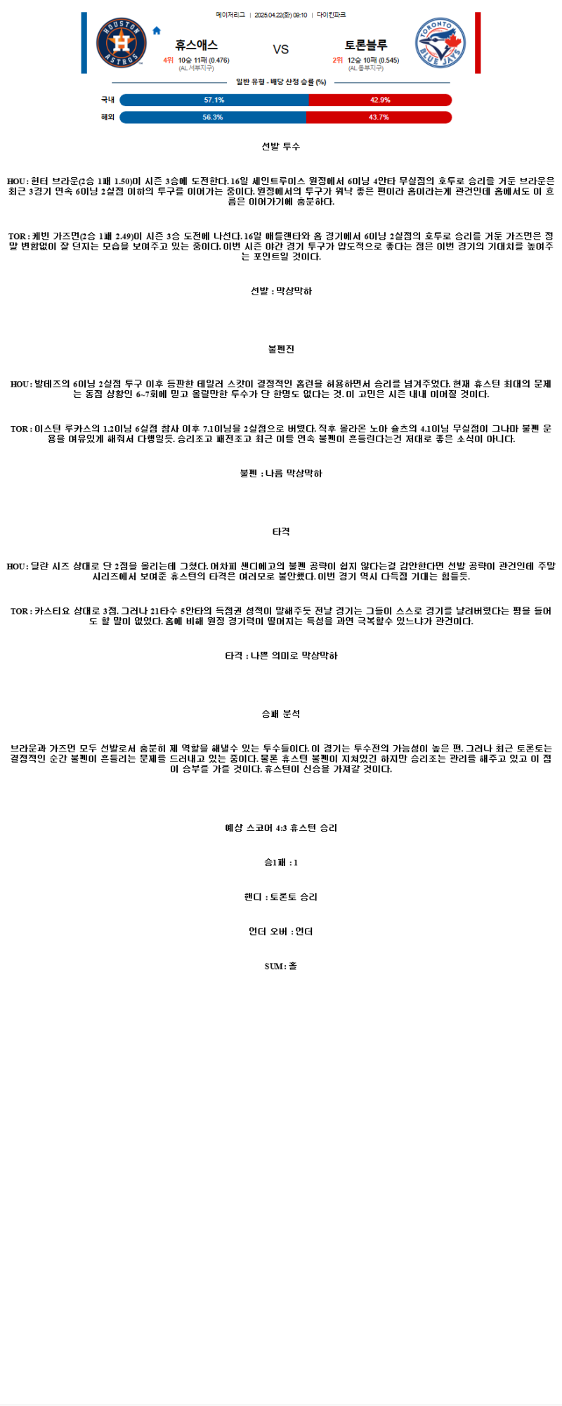 2025년 04월 22일 휴스턴 토론토 해외야구 중계 및 분석 올스티비
