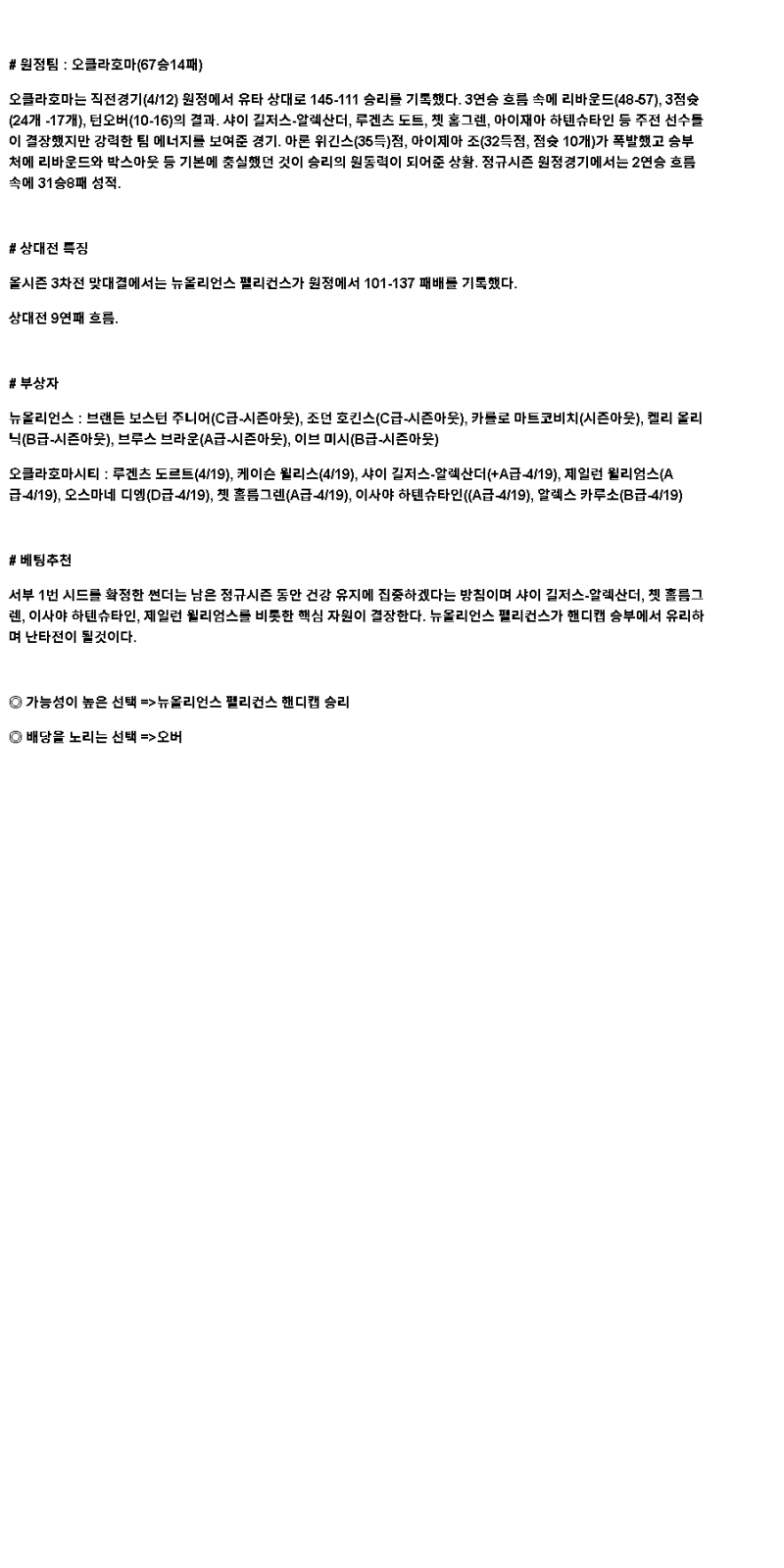 2025년 04월 14일 뉴올리언즈 오클라호마 NBA 중계 및 분석 올스티비