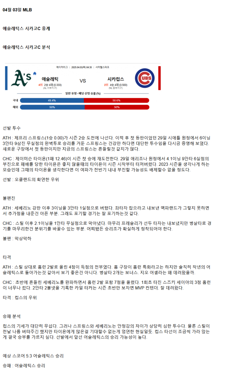 2025년 04월 03일 애슬레틱스 시카고컵스 해외야구 중계 및 분석 올스티비