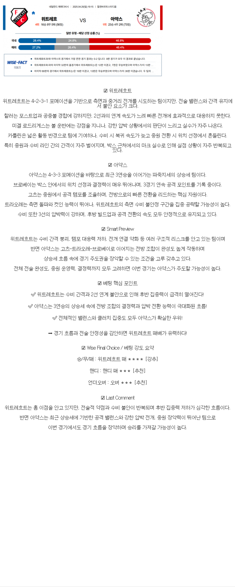 2025년 04월 20일 위트레흐트 아약스 해외축구 분석 및 중계 올스티비