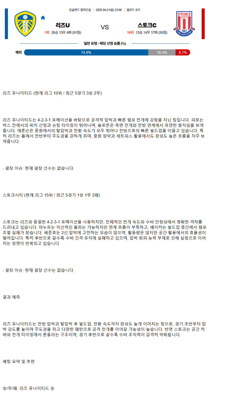 2025년 04월 21일 리즈 스토크 스포츠 분석 및 중계 올스티비