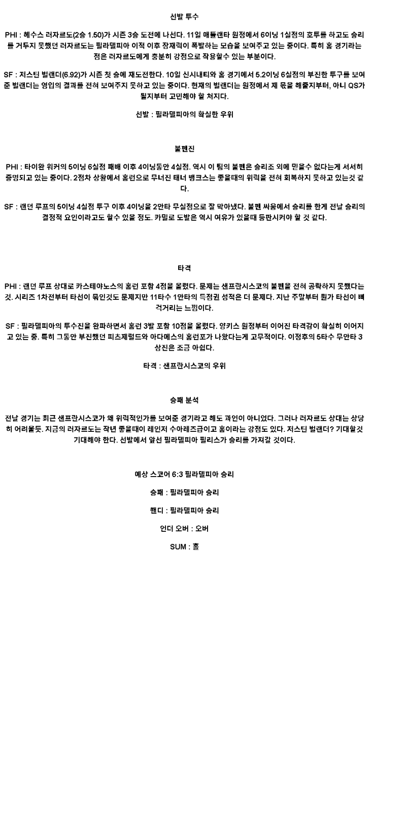 2025년 04월 16일 필라델피아 샌프란시스코 해외야구 분석 및 중계 올스티비