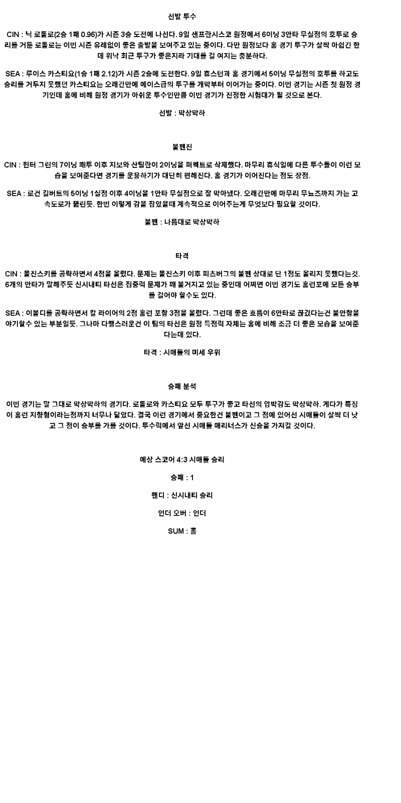 2025년 04월 16일 신시내티 시애틀 해외야구 중계 및 분석 올스티비