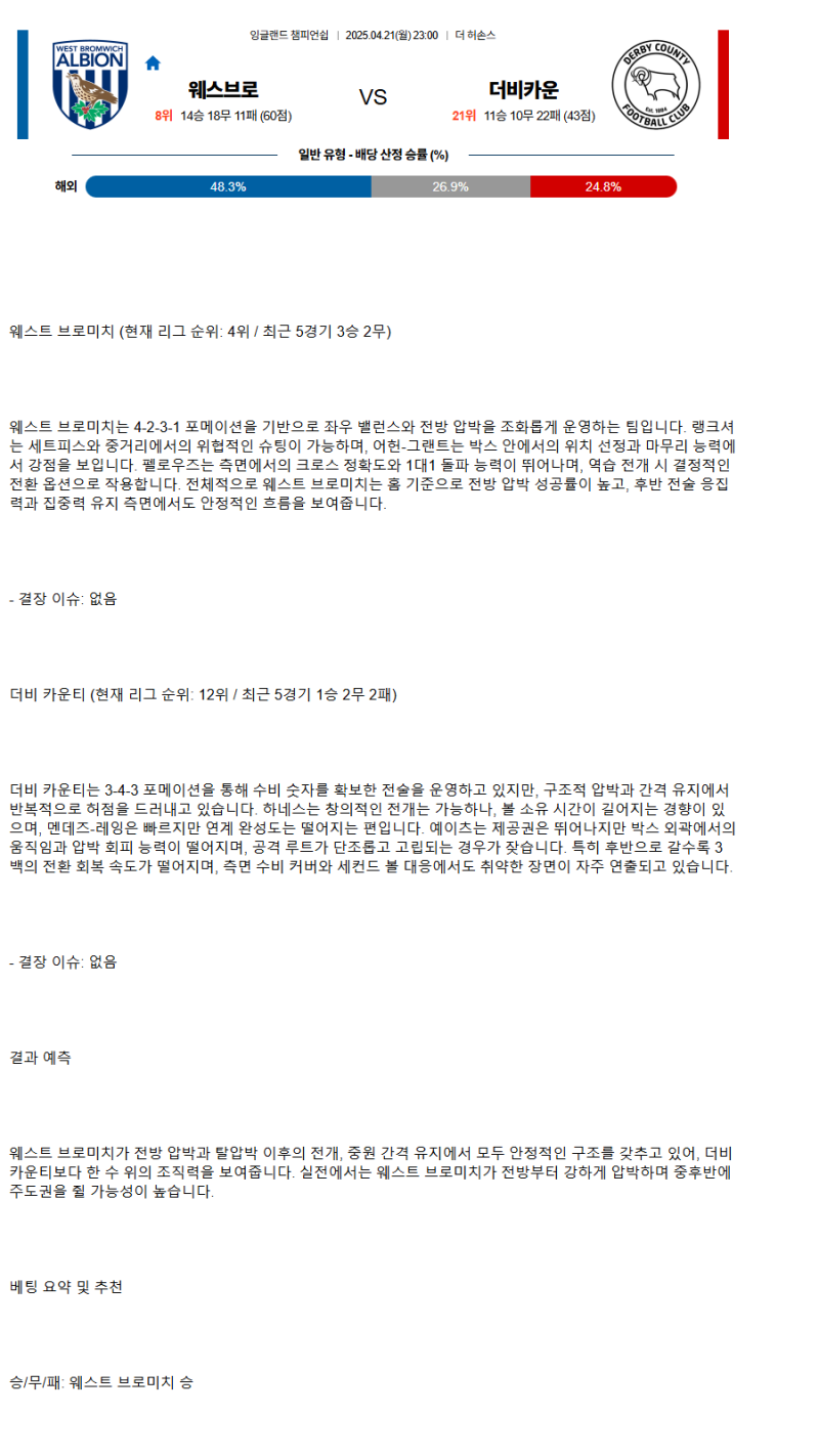 2025년 04월 21일 웨스트 브롬 더비 카운티 해외스포츠 분석 및 중계 올스티비
