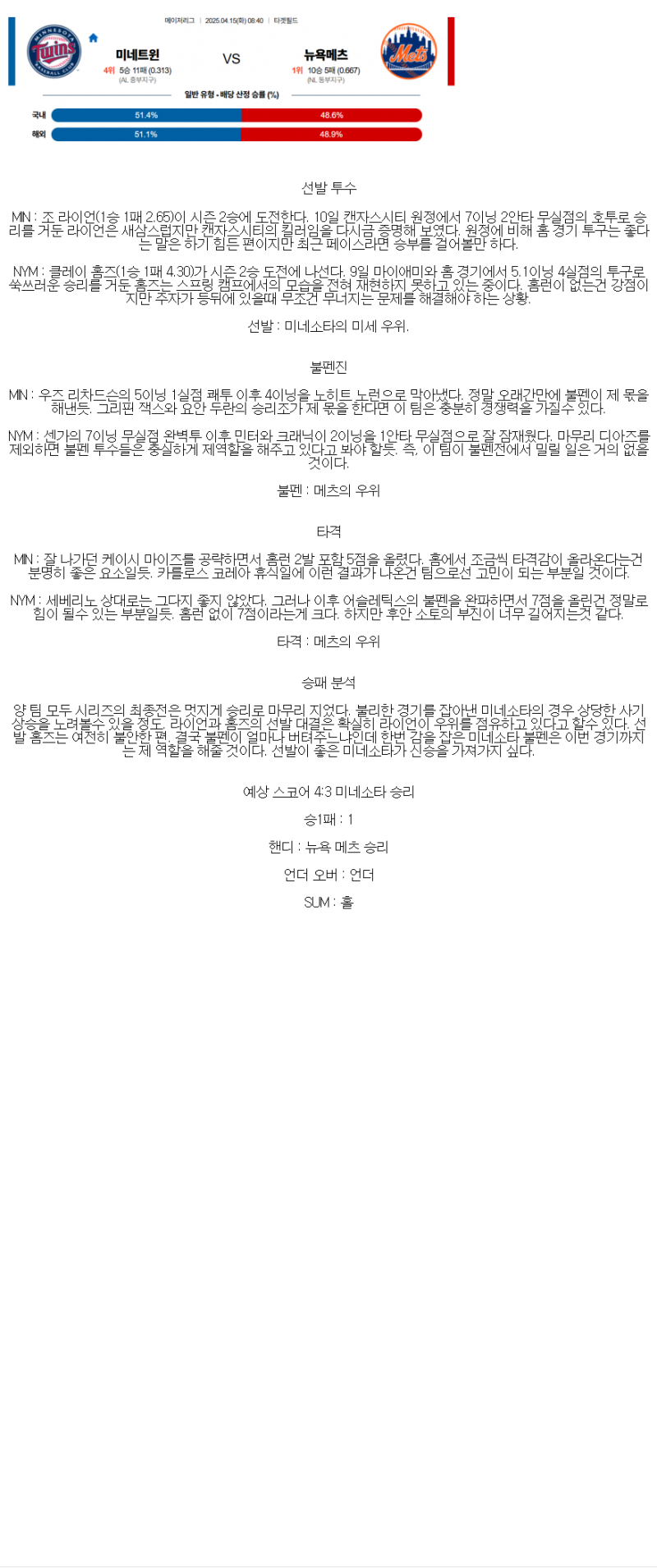 2025년 04월 15일 미네소타 뉴욕메츠 MLB 분석 및 중계 올스티비