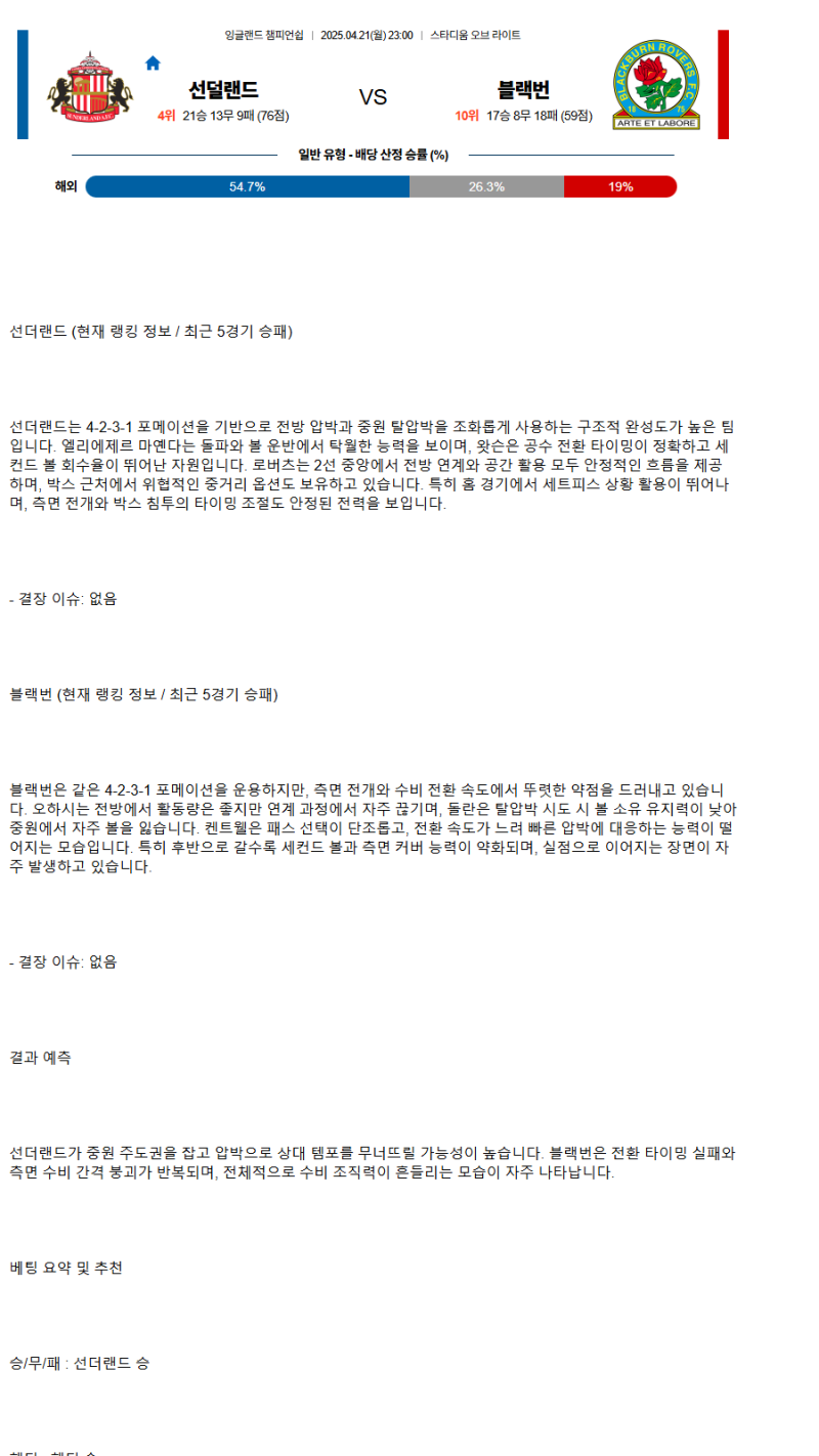 2025년 04월 21일 선덜랜드 블랙번 해외축구 중계 및 분석 올스티비