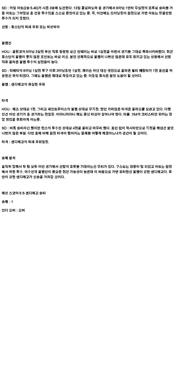2025년 04월 19일 휴스턴 샌디에이고 MLB 분석 및 중계 올스티비