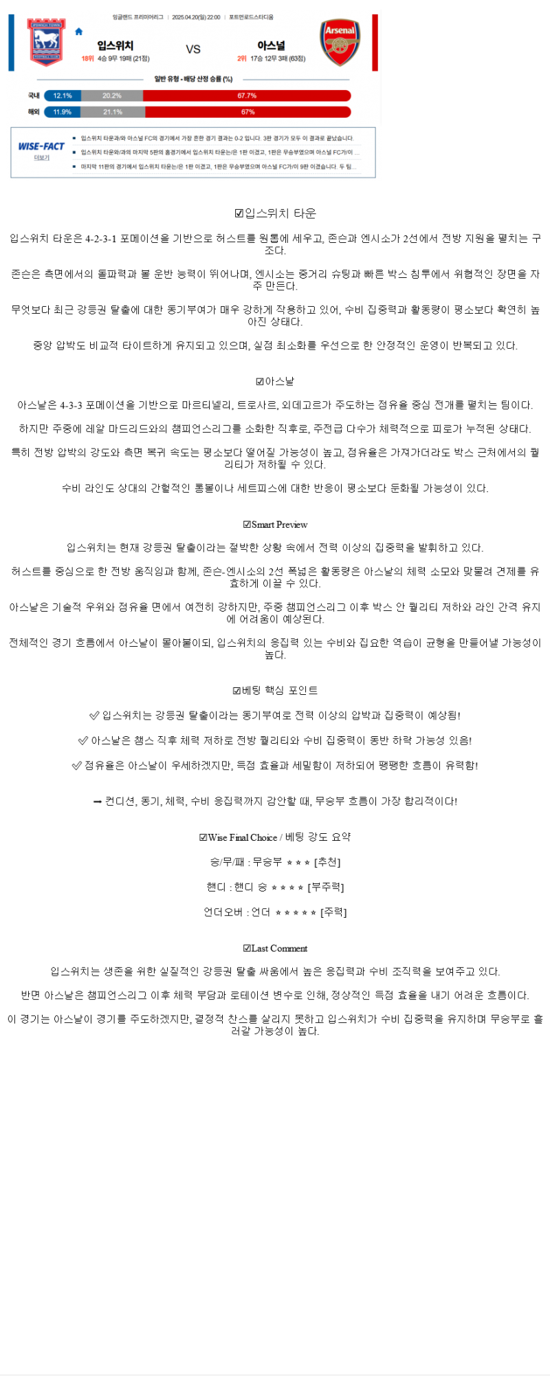 2025년 04월 20일 입스위치 아스널 해외축구 분석 및 중계 올스티비