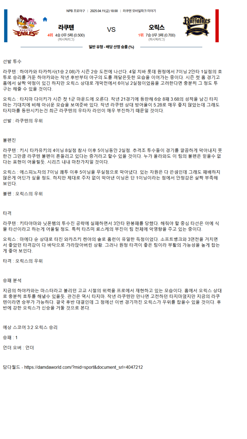 2025년 04월 11일 라쿠텐 오릭스 해외야구 분석 및 중계 올스티비