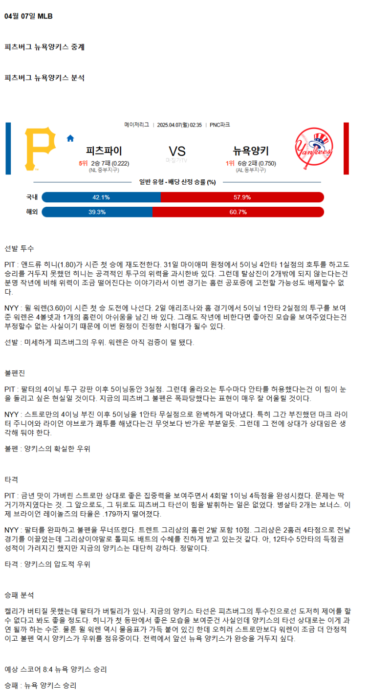 2025년 04월 07일 피츠버그 뉴욕양키스 MLB 중계 및 분석 올스티비
