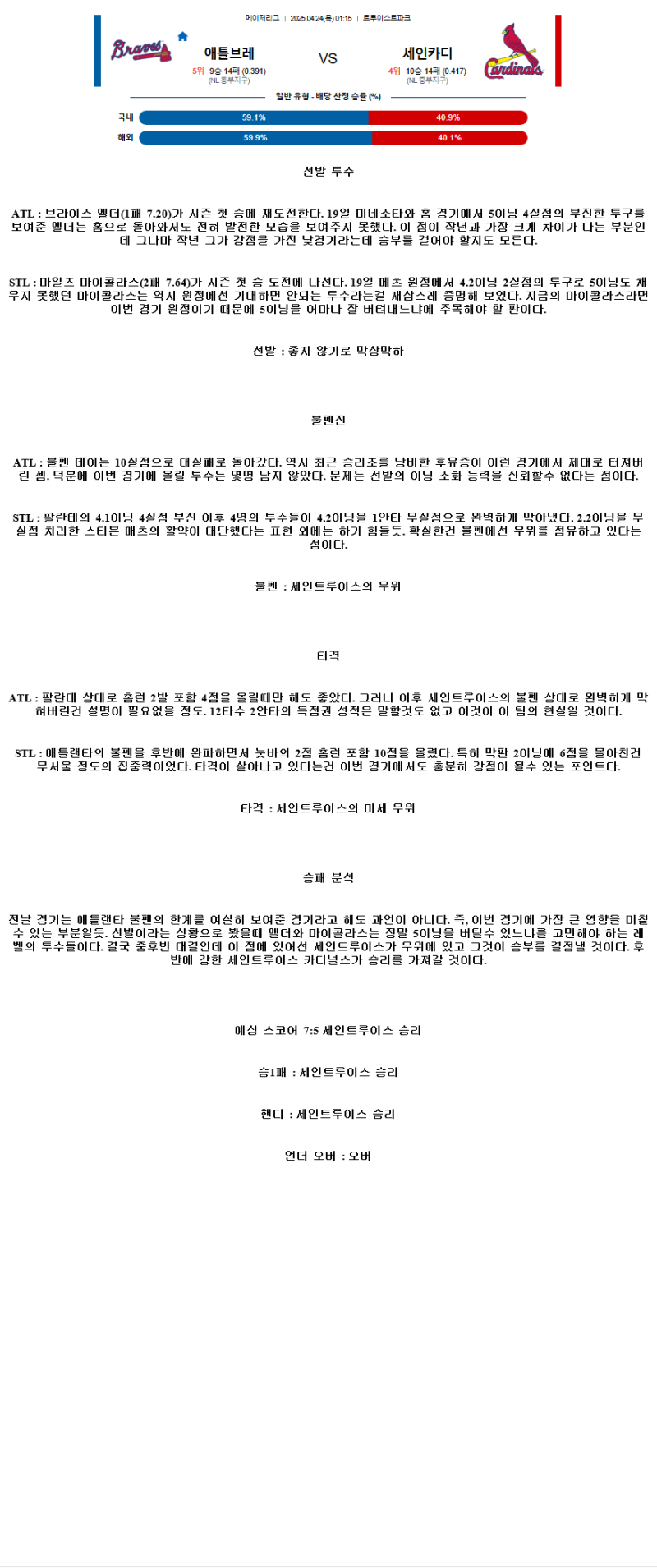 2025년 04월 24일 애틀랜타 세인트루이스 미국야구 중계 및 분석 올스티비