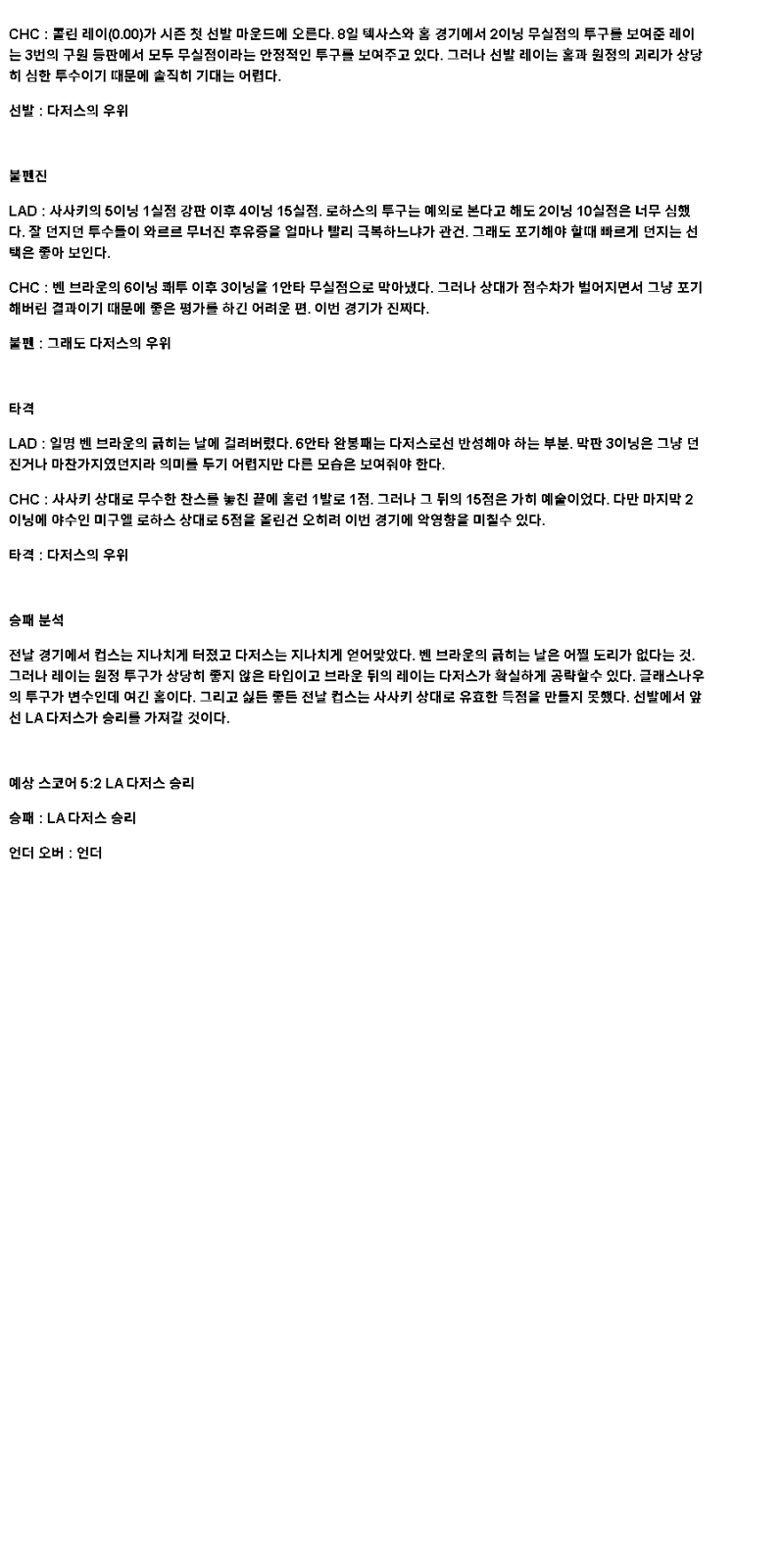 2025년 04월 14일 LA다저스 시카고컵스 해외야구 중계 및 분석 올스티비