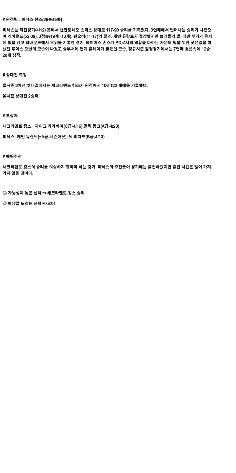 2025년 04월 14일 새크라멘토 피닉스 NBA 분석 및 중계 올스티비