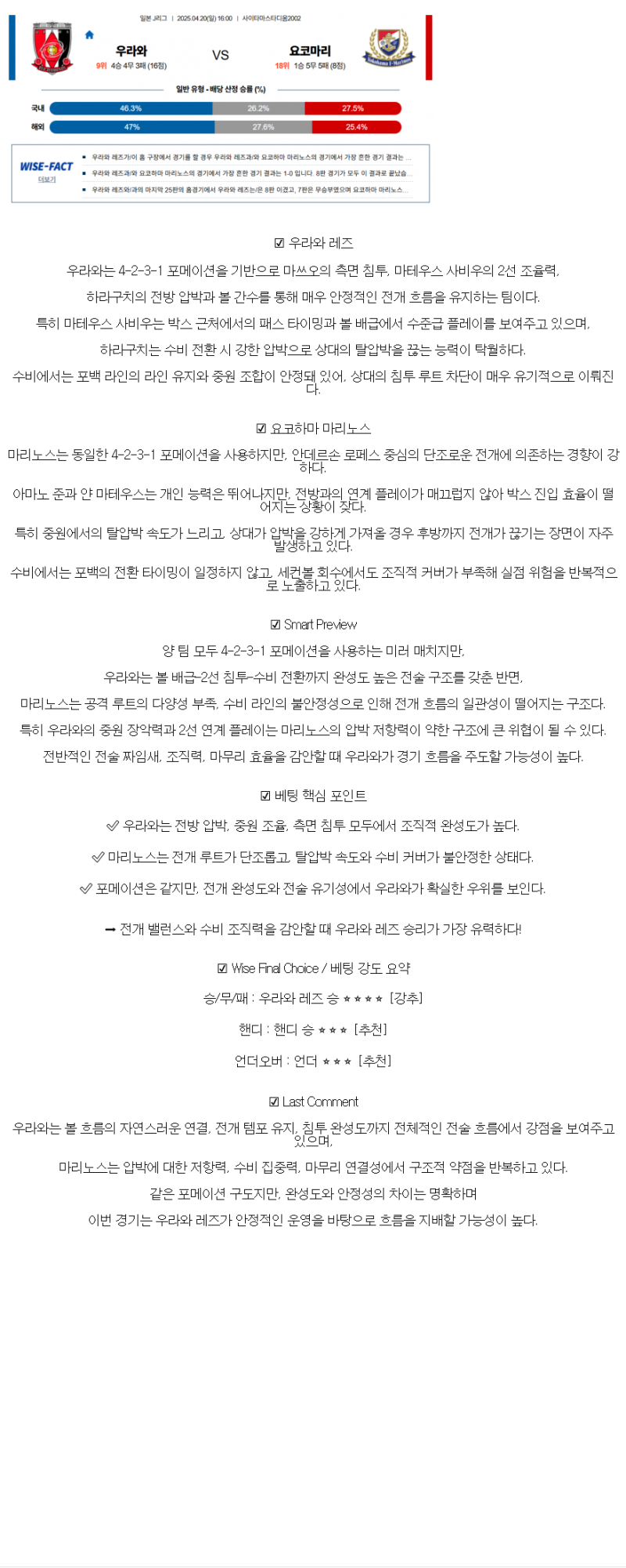 2025년 04월 20일 우라와 요코하마 마리노스 스포츠 분석 및 중계 올스티비