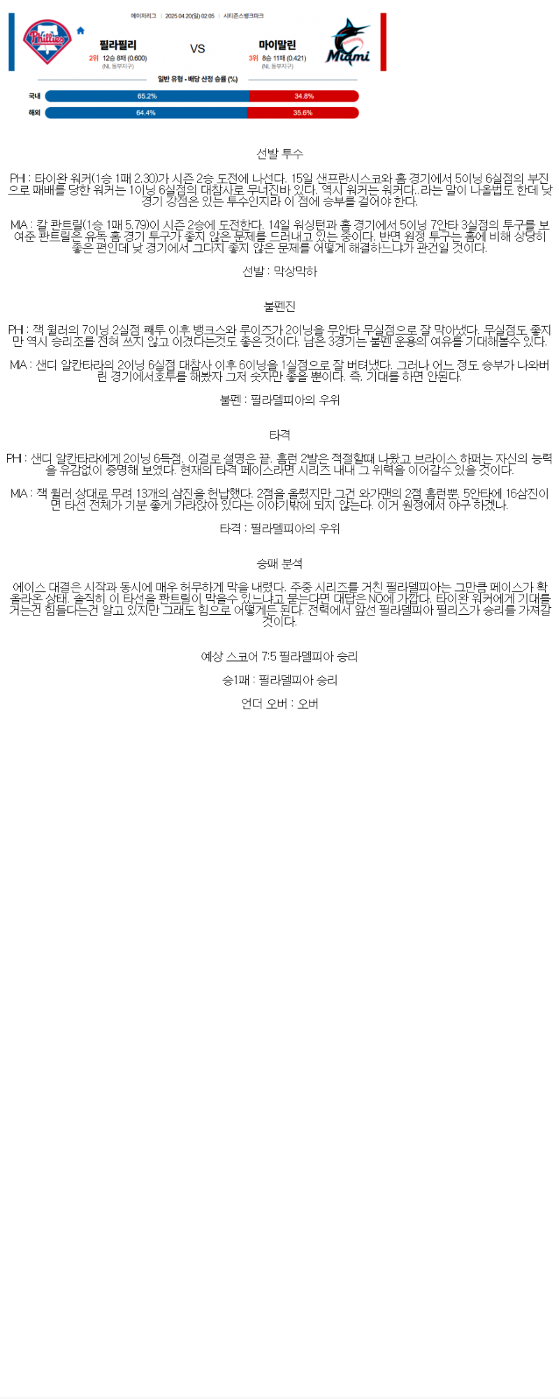 2025년 04월 20일 필라델피아 마이애미 미국야구 중계 및 분석 올스티비